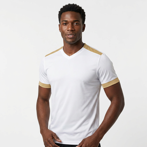 T-shirt pour homme à col en V blanc à manches courtes avec accents dorés Coupe classique Séchage rapide Polyester tricoté Style décontracté - Product Image 6