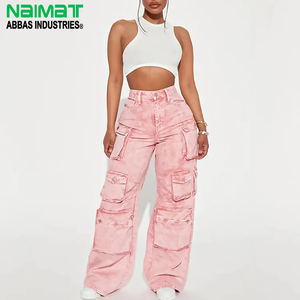 Pantalones vaqueros cargo de mujer de cintura alta, color rosa, con lavado ácido, multibolsillos, holgados, de pierna ancha, de algodón, estilo utilitario, para trabajo y streetwear. - Product Image 1