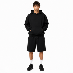 Men's Black Hoodie And Shorts <b>Set</b> Solid Color Fleece Casual Wear Summer Outfit <b>Knitted</b> Fabric Hooded Sweatshirt With Kangaroo - Product Image 1