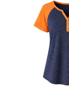 T-shirt pour femme bleu marine et orange à manches courtes, col Henley, coupe raglan, en coton doux, décontracté, respirant et confortable pour l'été et le quotidien - Product Image 3