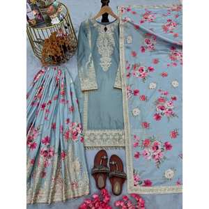 Conjunto de ropa de fiesta para mujer de diseñador con parte superior bordada Plazzo y Dupatta para ocasiones elegantes - Product Image 2