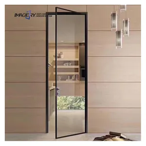 Puerta abatible de aluminio con marco estrecho de diseño simple francés, puerta de patio exterior de aluminio con malla para cocina/dormitorio
