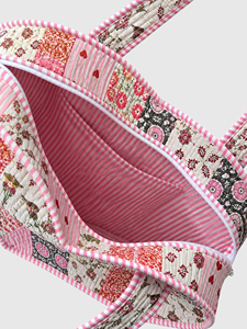 <b>Heart</b>-Shaped Patchwork Cotton Tote <b>Bag</b> With Floral Pattern And Embroidery For Shopping Vintage Style - Product Image 2