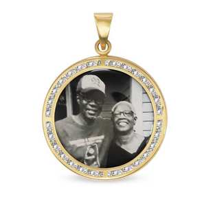 Gold Plated Double Sided Round Circle Diamond Border Photo Pendant Charm for Boy Men Women Personalized <b>Memory</b> Jewelry - Product Image 1