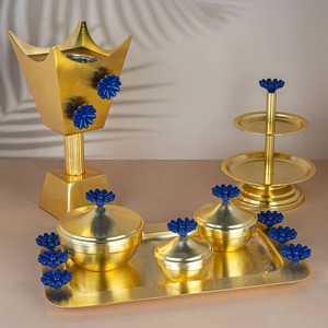 Golden Brass Chinese Incense Burner Set with Blue Flower Tops Aromatherapy Diffuser Flower Decor All-Season Use - Product Image 1