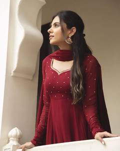 Robe Anarkali indienne pakistanaise pour femmes, avec dentelle à paillettes, dupatta, manches longues, longueur au sol, séchage rapide, robe ethnique pour fête, mariage - Product Image 1