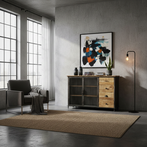 Industrial Metal Wood Sideboard 2 Door 4 Drawer Large Storage Buffet <b>Cabinet</b> Rustic Iron Timber Credenza Antique Home Server - Product Image 6