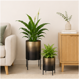 Jardinière moderne de luxe en métal avec support, pot à fleurs artisanal haut de gamme en fer doré et noir pour l'intérieur, la maison et le salon - Product Image 4