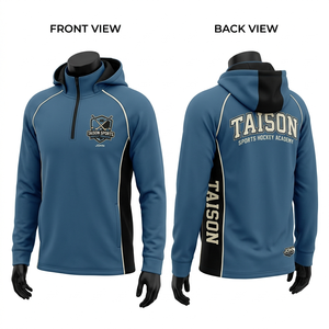 Sweat à capuche de hockey sur glace en polyester et élasthanne 300 GSM de qualité supérieure, bleu et noir avec panneau latéral contrastant, logo personnalisé sublimé et brodé - Product Image 1