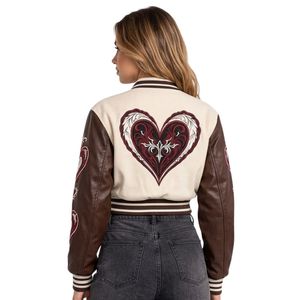 Veste universitaire pour femme de qualité supérieure, couleur crème café, badges croix Sacré-Cœur, manches en cuir, vestes d'hiver - Product Image 2