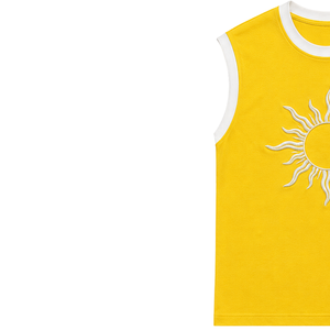 Camiseta sin Mangas Amarilla con Diseño de Sol Bordado en Blanco, Chaleco Casual de Verano para Mujer, Cuello Redondo, Tops de Moda Personalizados OEM - Product Image 3