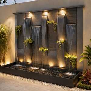Fontaine murale moderne en marbre pour jardin extérieur, avec cascade à plusieurs niveaux et lames d'eau en verre illuminées - Product Image 3