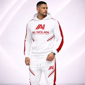 Conjunto Deportivo Blanco y Rojo para Hombre - Conjunto de Sudadera con Capucha y Pantalones Deportivos con Logotipo Personalizado |   Ropa Deportiva Ajustada de Estilo Urbano - Product Image 1