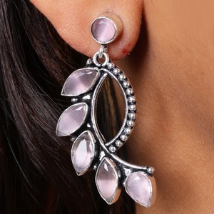 Premium Quality Trendy Oxidized <b>Silver</b> <b>Dangle</b> Pink Monalisa Gemstone <b>Earrings</b> Women Party | Direct Factory Manufacturer - Product Image 2