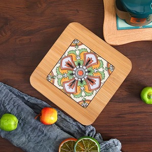 Sous-verre carré en bois avec motif carreaux méditerranéens de luxe, tapis et coussinets antidérapants écologiques - Product Image 5