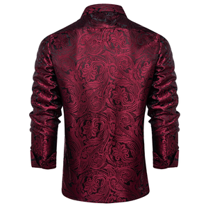 Chemises en polyester rouge uni à motifs paisley pour hommes, chemise habillée à manches longues pour mariage, bal de promo, vêtements de luxe pour hommes - Product Image 3