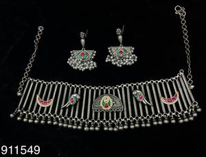 Clásico ciervo forma piedra alemán plata Boho Vintage boda joyería conjunto ligero oxidado COLLAR COLGANTE Jhumka pendientes - Product Image 3