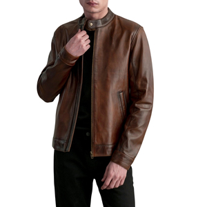 Veste en cuir véritable marron pour hommes, col montant, fermeture éclair, style motard, manteau décontracté pour l'automne - Product Image 4