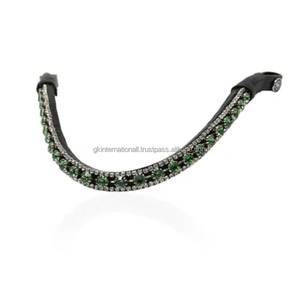 Nueva diadema para caballo de cuero negro premium con cristales redondos de color verde esmeralda y pedrería, curvada y profunda, disponible en todos los tamaños personalizados. - Product Image 5