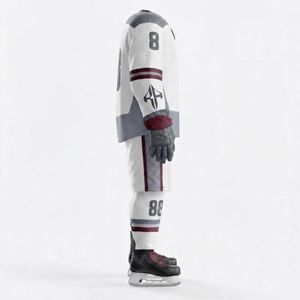 Conjunto de Uniforme de Hockey sobre Hielo para Hombre, Blanco con Gris y Marrón, Impresión por Sublimación, Cuello en V, Manga Larga, 100% Poliéster - Product Image 4