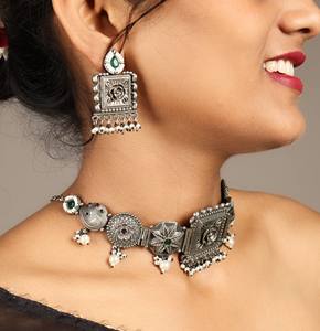 Two Tone Oxidized Silver Brass Choker <b>Necklace</b> <b>Set</b> with <b>Pearl</b> Drops & Jade Ethnic Floral Design Earrings for Women's Gift - Product Image 1