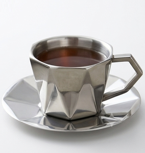 Grande tasse à thé en acier inoxydable avec soucoupe et anse, tasse à café en métal argenté - Product Image 1
