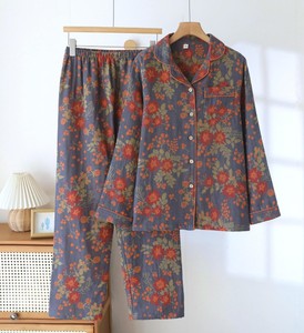 Conjunto de Pijama de Lino y Algodón para Mujer, Manga Larga, Botones al Frente, Estampado de Hojas, Ropa de Dormir Informal de Otoño, Pantalones Largos - Product Image 3