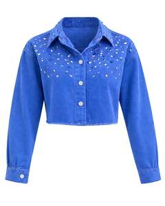 Chaqueta Vaquera Corta Azul Personalizada para Mujer con Cierre de Botones Frontales con Pedrería, Manga Larga, Estilo Urbano, Top para Fiesta - Product Image 1