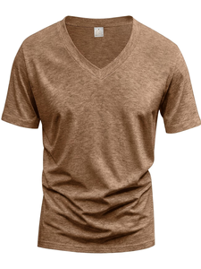 Men's V-Neck Short Sleeve Solid for Cotton Casual T-Shirt Regular Fit Breathable Enzyme Wash Jersey Fabric 180g Eco-Friendly - Product Image 3