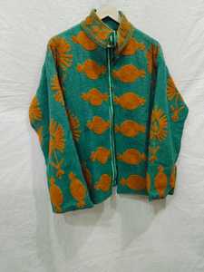 Chaqueta de Lana Verde para Mujer, Tejida a Mano, Bordada, con Patrón Naranja, Manga Larga, para Invierno - Product Image 1
