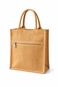 Eco Friendly Jute Tote <b>Bag</b> with Rope Handle Front Zipper Pocket <b>Reusable</b> Shopping Handbag and Steel Puller - Product Image 6