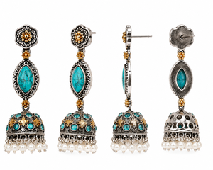 Boucles d'oreilles pendantes bohèmes ARTS JEWELS pour femme, en argent oxydé bicolore, motif fleur antique, serties de pierres turquoise, pour fiançailles - Product Image 6