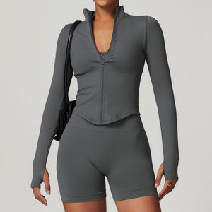 <b>Women</b> Solid Color Full Sleeve Yoga Set High Waist <b>Shorts</b> Zipper Front Breathable Spandex Polyester Activewear 1 Piece Seamless - Product Image 1