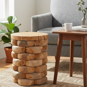Tabouret empilable en teck de qualité supérieure, finition rustique, artisanat moderne, texture naturelle, fabrication robuste, respectueux de l'environnement, Villa ARTERRA - Product Image 2