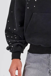 Sudadera con capucha para hombre, estilo urbano, de alta demanda, OEM, personalizada, negra, con pedrería, de corte holgado, mezcla de algodón, tela transpirable y suave. - Product Image 6