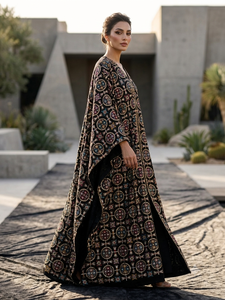 Black cotton fabric embroidered circular mandala sequin pattern for women jacket bridal lahenga abaya kaftan sherwani homedecor - Product Image 5