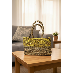 Handwoven <b>Rectangular</b> Grass <b>Basket</b> with Festive Trim and Handle (Yellow) Eco-Friendly Stylish <b>Storage</b> From Orissa - Product Image 5