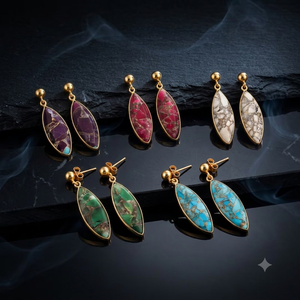 Pendientes Colgantes de Mujer con Piedra Turquesa Chapados en Oro, Joyería Vintage con Bisel y Lágrima Marmoleada - Product Image 1