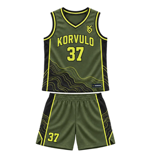 Ensemble d'uniformes de basketball personnalisés pour hommes, vert olive et jaune, maillot sans manches à col en V, short, impression de numéros d'équipe, kits en gros - Product Image 3