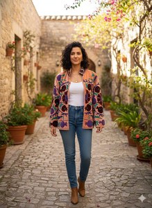 Eleva tu estilo con una chaqueta de terciopelo bordada de lujo, abrigo floral bohemio para mujer, abrigo corto hecho a mano con diseño Suzani para festivales. - Product Image 2