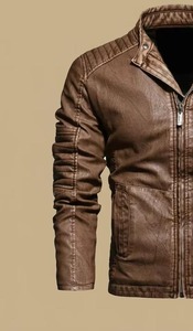 Veste en cuir noire pour homme, col rabattu, fermeture éclair, coupe ajustée, manches classiques - Product Image 2