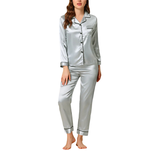 Ensemble de pyjama de salon boutonné en satin respirant pour femmes vêtements de nuit doux avec motif solide pour l'été, l'automne et le printemps - Product Image 3