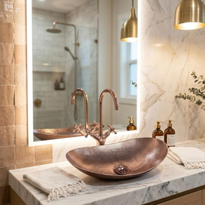 Lavabo Ovalado de Cobre Martillado, Lavabo de Lujo Hecho a Mano para Baño, Lavabo Rústico de Cobre, Lavabo Decorativo de Cobre Hecho a Mano - Product Image 1