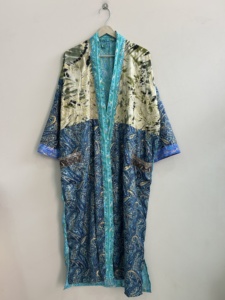 Silk Satin Patchwork <b>Long</b> <b>Kimono</b> Robe Soft and Comfy Summer Spring Dressing Gown with Front Logo - Product Image 2