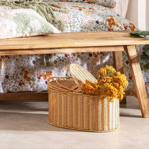 Round Rattan Picnic <b>Basket</b> Cylindrical <b>Wicker</b> Storage Hamper with Leather <b>Handle</b> Open Top Color Block Garden Flower Shopping Bag - Product Image 4