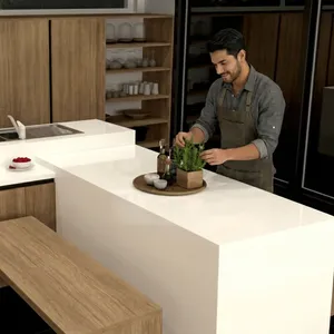 Solid Surface <b>Kitchen</b> Island Countertop Rectangular Flat Edge Gloss Finish Artificial Stone Minimalist Design - Product Image 5