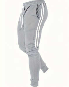 Plus Size Men's Gray Sweatpants White Side Stripes Drawstring Waist Casual Joggers Midweight Knitted 100% Cotton Pants Autumn - Product Image 3