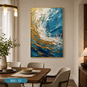 Tableau mural moderne abstrait effet vague océanique dorée, peinture miroir, luxe, finition brillante, encadré, pour décoration de villa - Product Image 6
