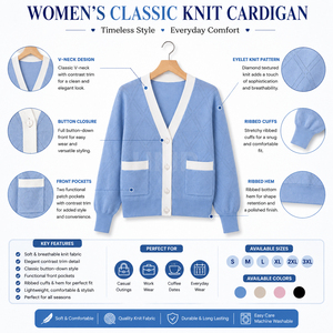 Cárdigan de punto acrílico azul claro con cuello en V de la hermandad HMR Sisterhood, con ribete en contraste blanco y botones frontales, manga larga - Product Image 6