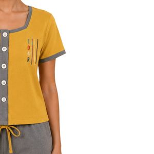 Yellow And Gray Women Two Piece Shorts Set Square Neck Button <b>Top</b> Contrast Trim Graphic Print Casual Summer Cotton Lounge Wear - Product Image 4